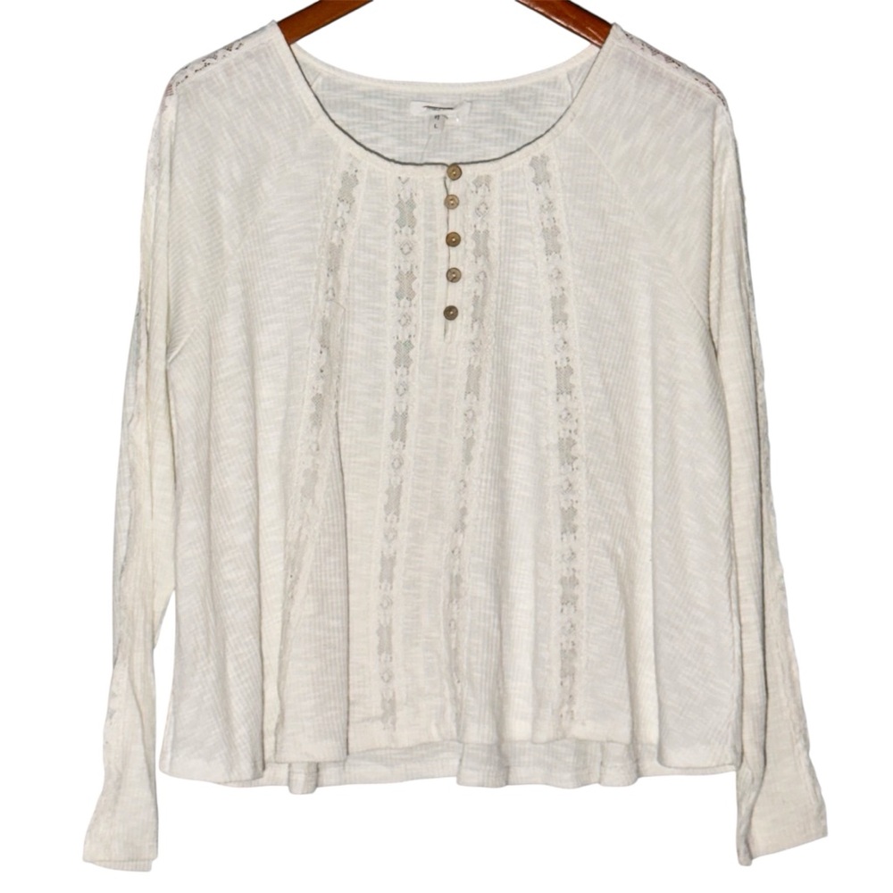 NEW Maurices Henley Long Sleeve Ribbed Knit Lace Detail Top in Ivory
